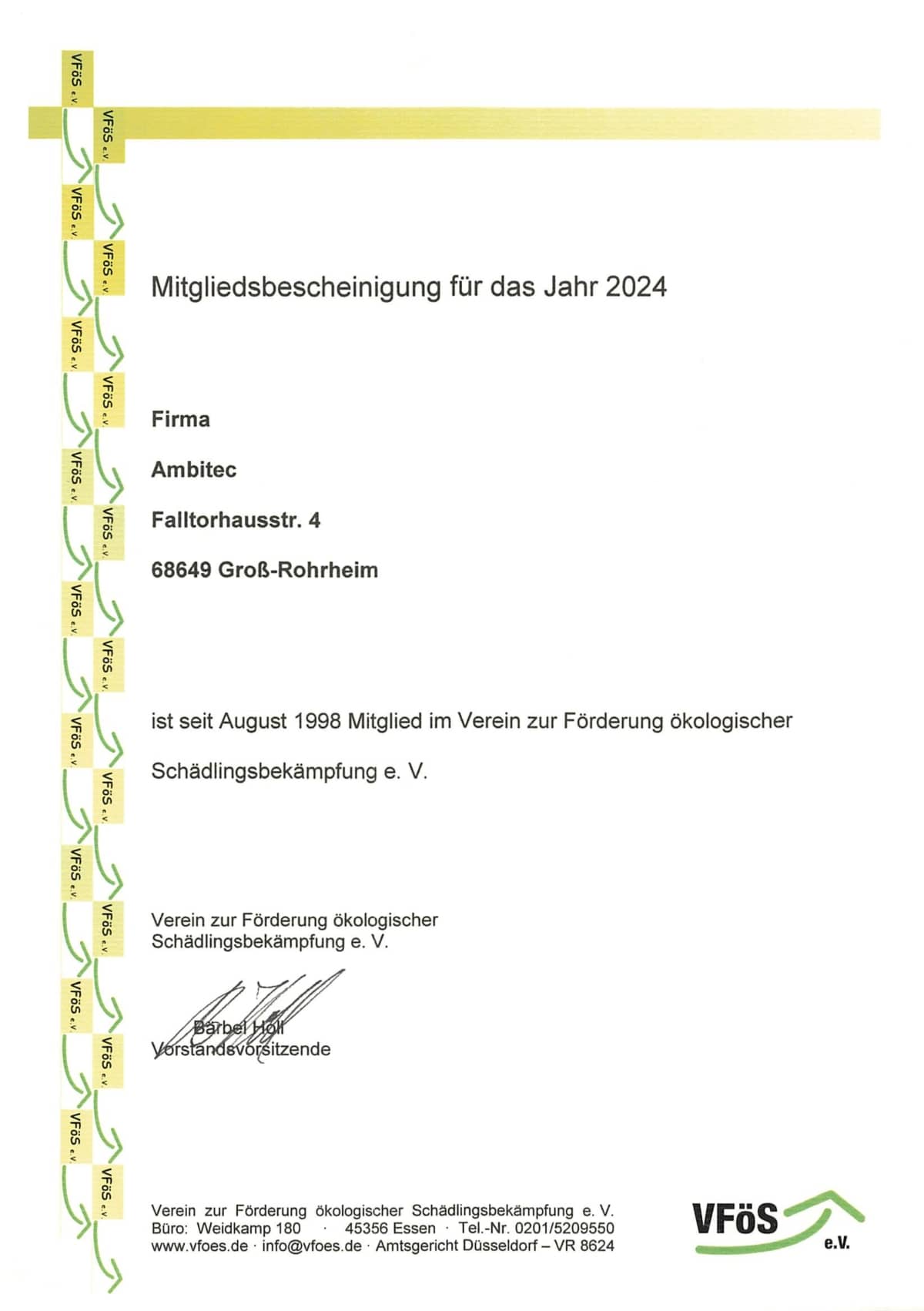 VFöS e. V. – Mitgliedsbescheinigung - 2024 - Ambitec Schädlingsbekämpfung in Hessen